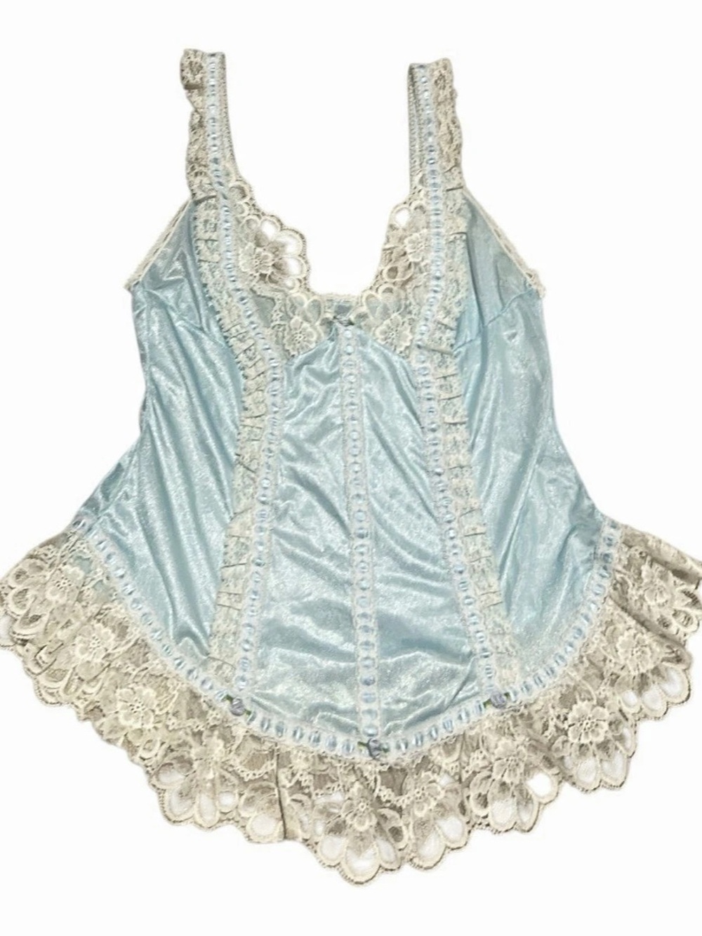Vintage Tosca Lingerie Blue Lace Teddy Bodysuit Romper L 70s 80s